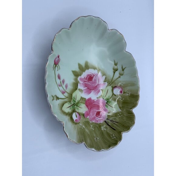 Lefton China Hand Painted Floral Oval Dish 6.5 inch Decorative Dish w Pink Roses - Picture 10 of 10